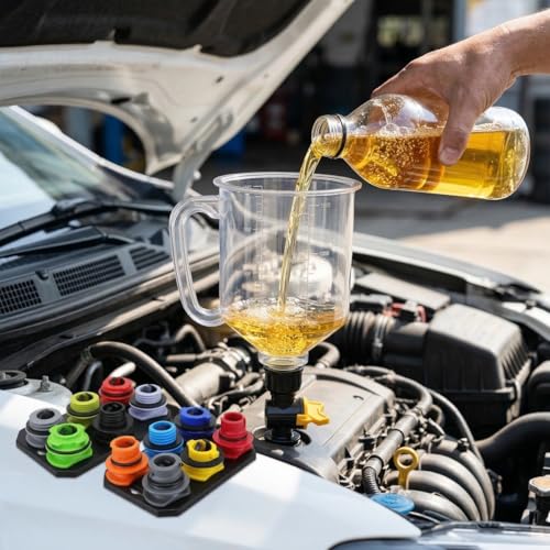18-Piece No Spill Engine Oil Funnel Kit, 1.59QT/1.5L Automotive Oil Funnel Set w/ 12 Adapters, 2 Magnetic Storage Tray, Elbow Fitting & Arrow Screen, Universal Vehicles Use
