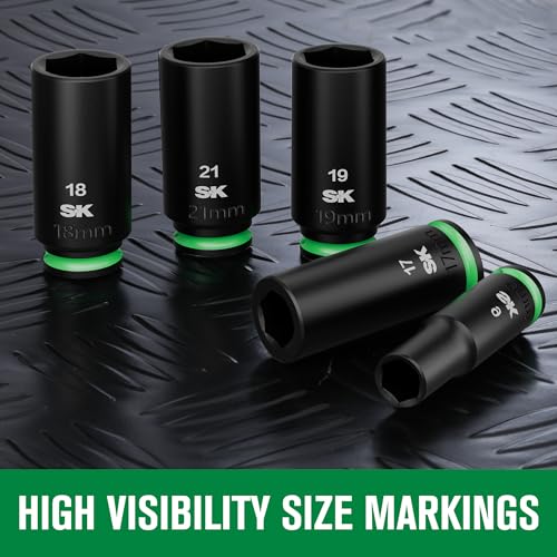 SK 3/8" Drive Impact Socket Set, Deep Metric Sockets, 13-Piece 8 to 21mm | Premium CR-MO Steel, SureGrip 6 Point Design, with Aluminum Socket Organizer - size: 3/8"-13PCS