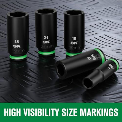 SK 3/8" Drive Impact Socket Set, Deep Metric Sockets, 13-Piece 8 to 21mm | Premium CR-MO Steel, SureGrip 6 Point Design, with Aluminum Socket Organizer - size: 3/8"-13PCS
