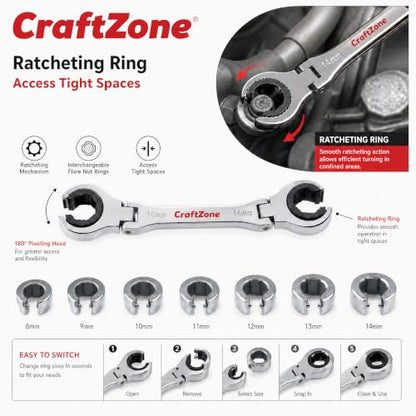 7-in-1 Ratcheting Open Flex-Head Wrench Set, Metric 8-14mm, 72-Tooth Gear, CR-V Steel, Durable Tool Box, Gift for Handyman