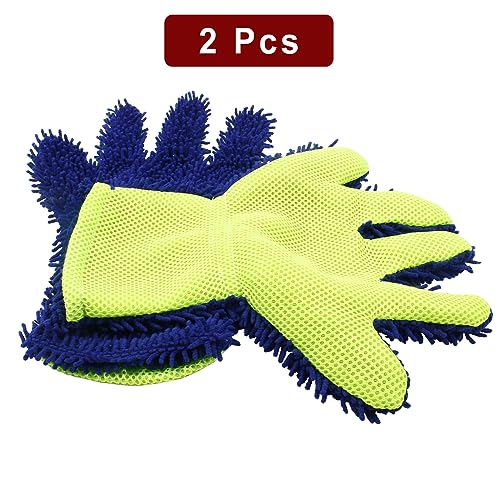 BokWin 2-Pack Car Wash Mitt, Blue | Scratch Free, 5-Finger Microfiber, Chenille Washing Sponge, Interior & Exterior Cleaning, Wheel & Tight Spot Cleaning - color: Blue