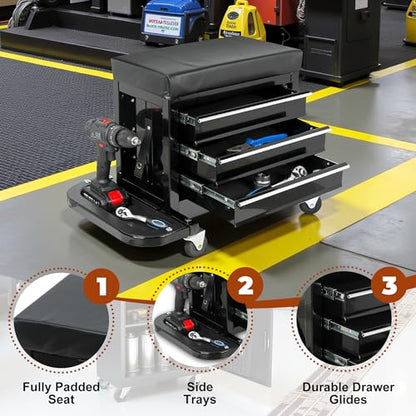 Rolling Stool Mechanic Creeper Shop Stools with Wheels Rolling Tool Chest with 3 Drawers and 2 Fold-Down Side Trays, Universal Wheels and Seat Cushion for Garage, Black