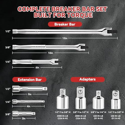 KOOPOOL 10 PC Breaker Bar Set, 3/8" 1/2" 1/4" Drive, 180° Rotatable Head | 6'', 10'', 15'' Length, 3 Extension Bars, Organizer Case - style: Single-ended