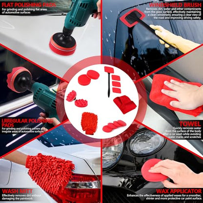 35Pcs Car Detailing Kit & Car Cleaning Kit, B：35PCS-R | Windshield Tool, Long Wheel Brush & 2 Angled Brushes, 4 Polishing Pads & 4 Wax Pads, Red Tool Box, Gift for Men