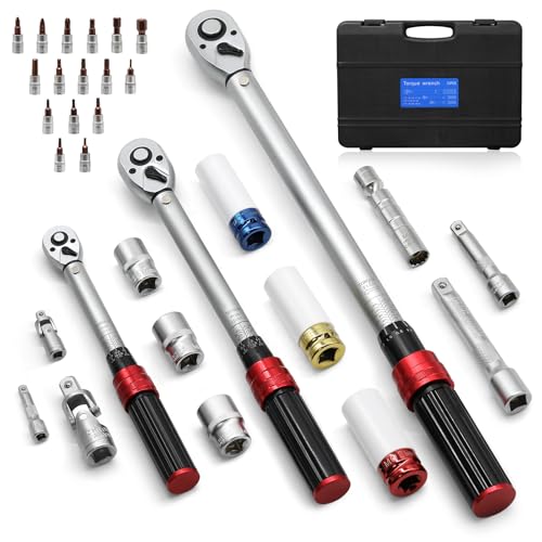 1/4 3/8 1/2-inch Drive Torque Wrench, 32Pcs Torque Wrench Set with Hex, Torx, Sockets, Spark Plug Socket & Adapters for Bike, Motorcycle, Car Spark - color: Red (29.5-162.5ft.lb,7.37-45ft.lb,44.3-221in.lb), size: 1/2 3/8 1/4-Inch