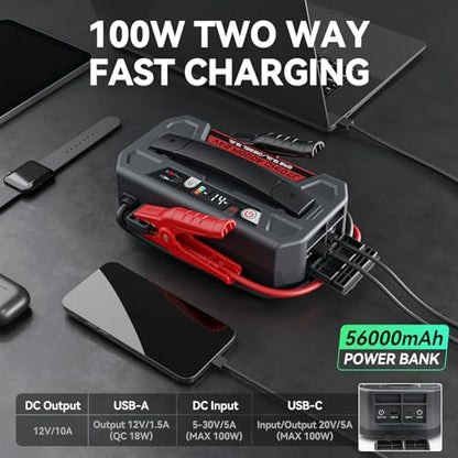 LOKITHOR J701HD 4000A Peak Heavy Duty Jump Starter, 24V Portable Jump Box for Up to 15L Gas or Diesel Engines, 100W Two Way Quick Charge Power Bank & DC Out, 400LM Lights