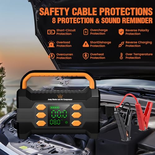 FLAA Jump Starter with Air Compressor 6000A, Portable Car Battery Booster, Jumper, 150PSI Tire Inflator, Power Pack, USB-C Quick Charge, for 12V Cars, Trucks, SUVs, 8.5L Gas/6.5L Diesel
