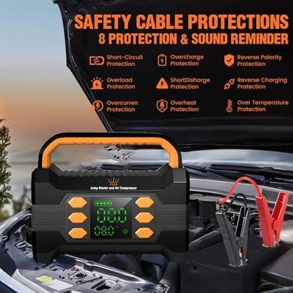 FLAA Jump Starter with Air Compressor 6000A, Portable Car Battery Booster, Jumper, 150PSI Tire Inflator, Power Pack, USB-C Quick Charge, for 12V Cars, Trucks, SUVs, 8.5L Gas/6.5L Diesel