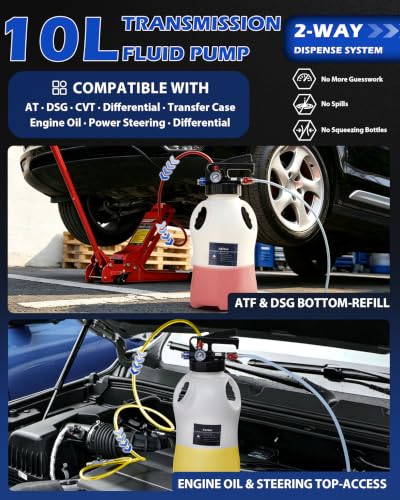 10L Transmission Fluid Pump, Pneumatic Fluid Transfer Pump w/ 15 ATF Adapters | & 3 Suction Hoses, 2-Way Fluid Extractor/Dispenser for Transmission, Differential, Transfer Case & Gearbox Filling - size: 10L, Pneumatic