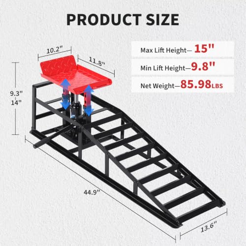 Heavy Duty 5 Ton Hydraulic Car Ramps, 2 Pack - Adjustable Low Profile Lift Height 11.6''-16.2'' - for Oil Changes, Brake Service, Garage Use - Black Shelf + Red Tablet - color: Black+red