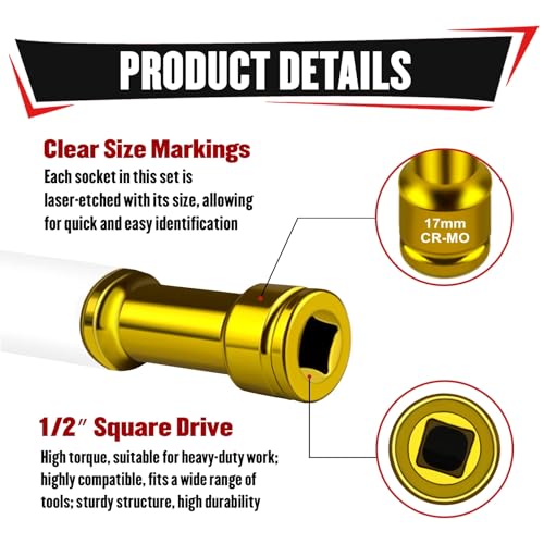 YIYITOOLS 3Pcs 1/2" Drive Impact Lug Nut Socket Set, 150mm Extra Long Deep Sockets, 6-Point Thin Wall Sockets (17 19 21mm), CR-MO, Non-Marring & Anti-Scratch for Wheel Lug Nut Remover - size: 3Pcs (Extra Long)