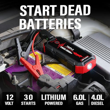Portable Battery Jumper Starter 2000A Peak 12V Car Jump Starter & Power Booster — 12V Battery Jumper Starter Portable for Up to 6.0 L Gas / 4.0 L Diesel Engines Jump Box with LED Light