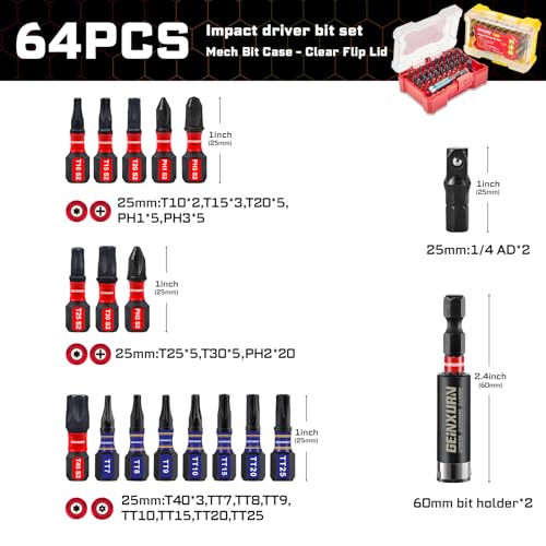 Geinxurn 64Pieces Impact Screwdriver Bits Set, S2 Steel Magnetic Phillips/Security Torx/Torx Muliti Insert Bits Tips Set with Impact Bit Holder and 1/4”Socket Adapter(Storage Box Case) - style: FQ064025-B