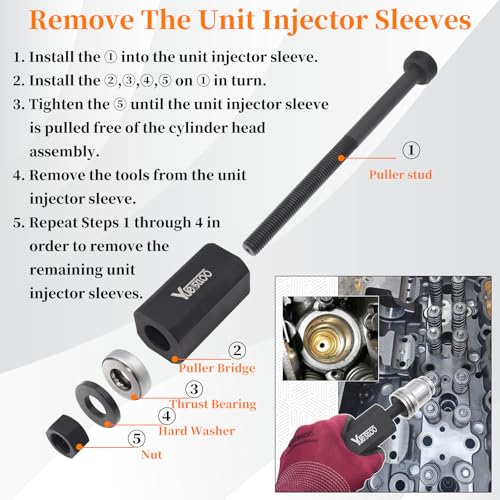 9U-6891 Injector Sleeve Remover Installer Set + J-42083 Automatic Timing Pin + 9U-7227 Injector Height Tool + J-38587-A Engine Barring Socket Fits for CAT Caterpillar 3406E C15 C16 Engines - size: 9pcs
