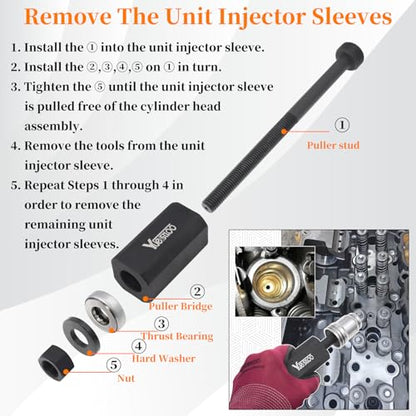 9U-6891 Injector Sleeve Remover Installer Set + J-42083 Automatic Timing Pin + 9U-7227 Injector Height Tool + J-38587-A Engine Barring Socket Fits for CAT Caterpillar 3406E C15 C16 Engines - size: 9pcs