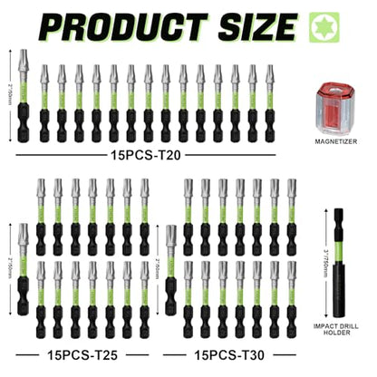47PCS Impact Torx Screwdriver Bits Set Magnetic (T20/T25/T30) S2 Steel Multi-Star Driver Bits with Green Storage Box - size: Torx with Storage Box with 47PCS