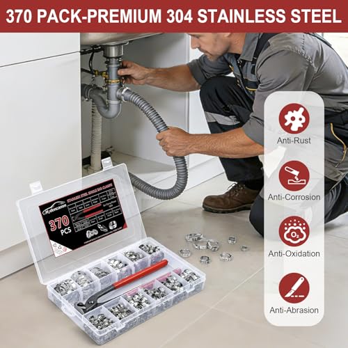 370PCS 15 Sizes Single Ear Hose Clamps, 304 Stainless Steel | 5.3-33.1mm Crimp Hose Clamps, Stepless Adjustable Cinch Clamps for Automotive, Home Appliance Line, Plumbing and Industrial - size: 5.3-33.1mm, style: 370PCS 15 Sizes