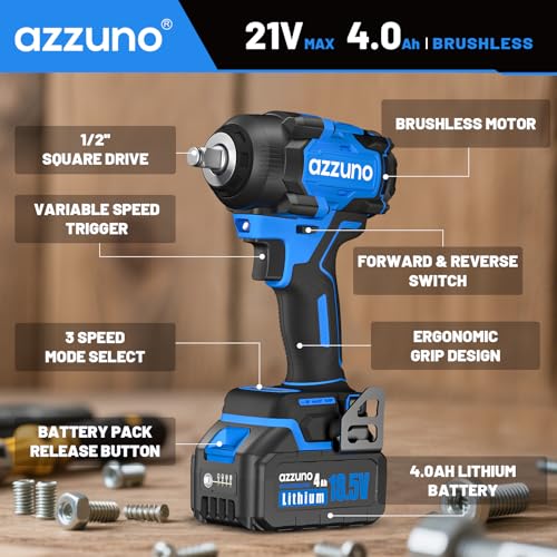 AZZUNO Impact Wrench, 1/2" Impact Gun,Power Impact Driver Torque 500N.m (369 Ft-lbs),20V Cordless Impact Wrench with 4.0Ah Battery,Charger, 25Pcs Bits & Sockets, Electric Impact Wrench for Home/Car
