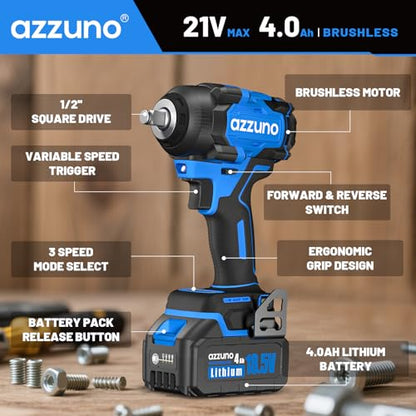 AZZUNO Impact Wrench, 1/2" Impact Gun,Power Impact Driver Torque 500N.m (369 Ft-lbs),20V Cordless Impact Wrench with 4.0Ah Battery,Charger, 25Pcs Bits & Sockets, Electric Impact Wrench for Home/Car