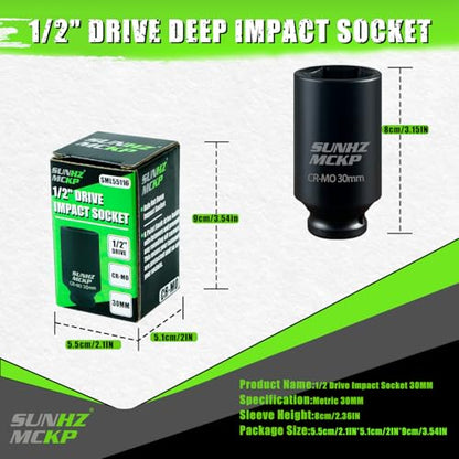 SUNHZMCKP 1/2" Drive Impact Socket, Metric 30 mm Deep 6 Point Socket, CR-MO, Axle Nut Impact Grade Socket for Easy Removal - color: Metric, size: 30 mm