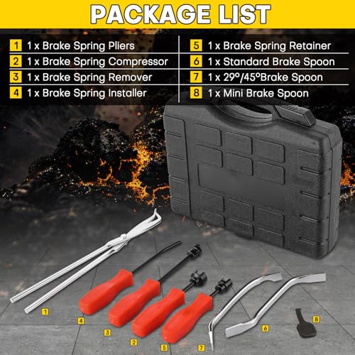 8PCS Drum Brake Tool Kit | Drum Brake Tool, Drum Brake Spring Tool Includes Installer, Remover, Compressor, Adjuster & Retaining Tools for Automotive Maintenance (Black) - color: Black