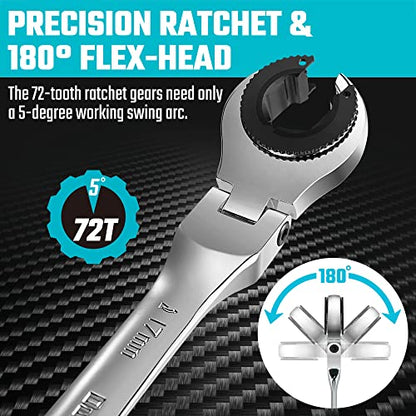 DURATECH 6-Piece Ratcheting Wrench Set with Open Flex-Head, Tubing Wrench | Metric, 10-17mm, 72-Tooth Gear, CR-V Steel, Organizer Bag, Gifts for Men