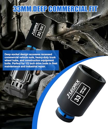 33mm Deep Impact Socket 1/2" Drive CR-MO Steel 6-Point | CR-MO steel impact socket set. 1/2" drive, 6-point design. Deep reach for lug nuts & axle nuts. - size: 33mm
