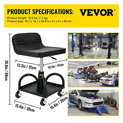 VEVOR Mobile Rolling Seat, 300LBS Capacity, 15.7" to 20.5" Adjustable Height, Mechanic Rolling Stool with Swivel Wheels and Tool Tray, for Workshop, Auto Repair Shop, Black