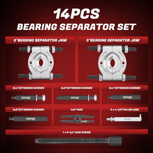 KOOPOOL Bearing Puller and Splitter Kit, Separator and Puller Set, Pinion Bearing Puller and Wheel Removal Tool, 5 Ton Capacity Bearing Separator with 2’’ and 3’’ Bearing Separator Jaws, 14Pcs - color: RED