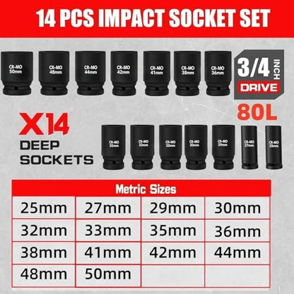 TONYNOL 3/4 Inch Drive Deep Impact Socket Set,6-Point, Metric Sizes(25-50mm),14 PCS,Cr-Mo Steel,Heavy Duty Impact Sockets for Automotive & Industrial Machinery,With a Storage Case - style: 3/4" Drive Metric Sizes(25-50mm)
