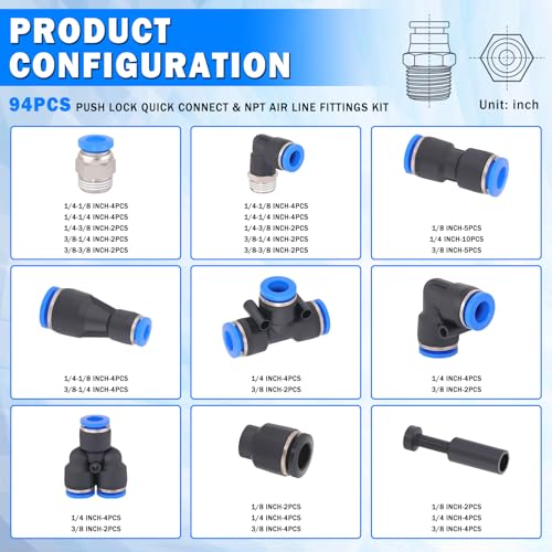 94 Pcs Quick Connect Air Line Fittings Kit Pneumatic Push Lock Air Fittings 1/8",1/4",3/8" Push to Connect & NPT Thread Air Hose Fittings Quick Release Airline Fitting Kit - color: Black-94PCS