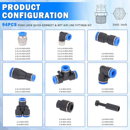 94 Pcs Quick Connect Air Line Fittings Kit Pneumatic Push Lock Air Fittings 1/8",1/4",3/8" Push to Connect & NPT Thread Air Hose Fittings Quick Release Airline Fitting Kit - color: Black-94PCS