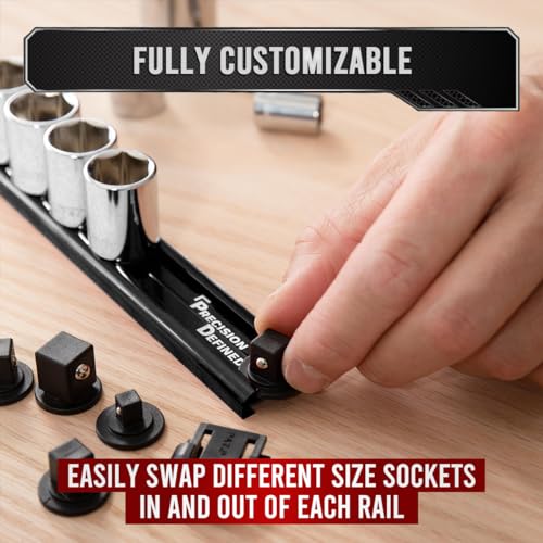 Precision Defined Aluminum Tool Socket Holder 3-Piece Set | Black, 1/4-Inch x 16 Clips, 3/8-Inch x 16 Clips, 1/2-Inch x 14 Clips | 360 Rotation - Heavy Duty Socket Rails Organizer, Socket Storage - color: Black