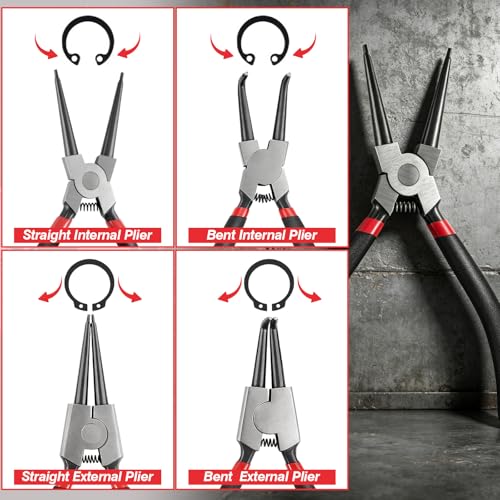 Doaho 4Pcs Snap Ring Pliers Set,Heavy Duty 7 Inch Circlip Plier Cr-V Steel C Clip Pliers Kit with Straight and Bent Jaw for Internal External Rings Automotive Machinery Repair - size: 4 PCS