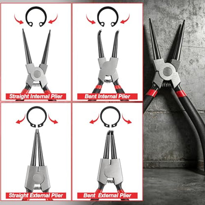 Doaho 4Pcs Snap Ring Pliers Set,Heavy Duty 7 Inch Circlip Plier Cr-V Steel C Clip Pliers Kit with Straight and Bent Jaw for Internal External Rings Automotive Machinery Repair - size: 4 PCS