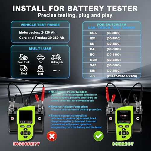 BT90 PRO 2-360Ah Battery Tester with Cloud Printing, 30-3800 CCA, 6V/12V/24V Digital Analyzer, SOH/SOC/Volt/Res/Cranking&Charging Test, Real‑Time Ambient Temp, AGM/EFB/Gel/Li - color: GREEN