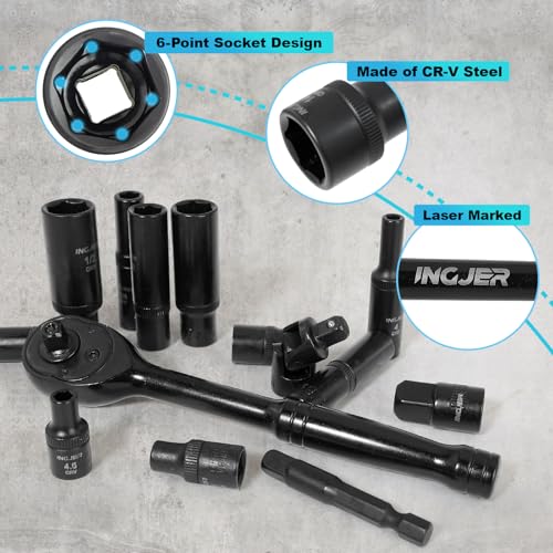 Socket Set 1/4, 56 Piece Impact Socket Set Metric and Standard Full, 6 Point, Cr-V, 1/4-Inch Drive Ratchet Handle, Drive Extension Bar, Impact Universal Joint,impact adapter - size: 1/4inch 56 PCS