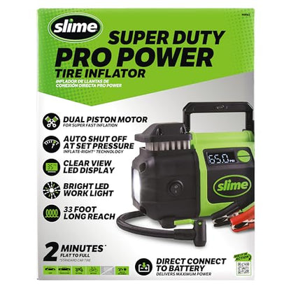 Slime 40083 Tire Inflator, Super Duty Pro Power, Battery Connection, Dual Piston, with Digital 0-99 psi Gauge, Long Hose and LED Light, Alligator Clips, 2 min Inflation - style: Super Duty Pro Power