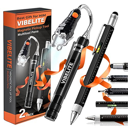 VIBELITE Magnetic Pickup Tool and 6 in 1 Multitool Pen with Touch Screen Stylus, Rulers, Bubble Level, Flathead, Phillips Screwdriver, Ballpoint Pen, Dad Gifts, Birthday Gifts for Men, Dad, 2Pack
