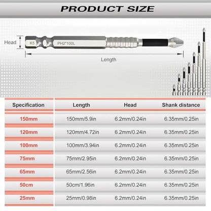 Magnetic Screwdriver Bit Set, Strong Magnetic Anti Slip Durability Screwdriver Drill Bit Set,25 50 65 70 100 120 150MM Magnetic Screwdriver Bits (7pcs)
