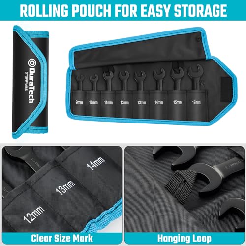 DURATECH Stubby Flex-head Ratcheting Combination Wrench Set, 16-piece, Metric & SAE, 9 to 17mm & 5/16" to 3/4", CR-V Steel, Black Electrophoretic Coating, with Rolling Pouch