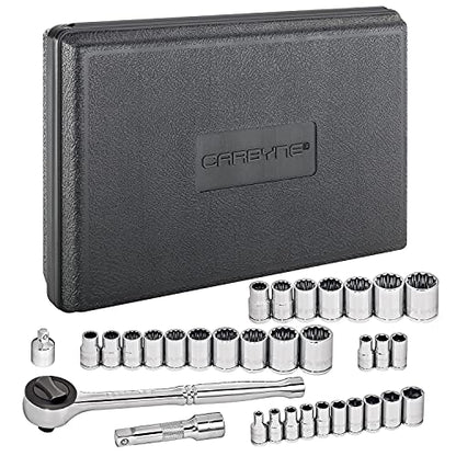 Carbyne 34-Piece 1/4 and 3/8 in. Drive Socket and Ratchet Set, SAE and Metric, CrV Steel, 72-Tooth Ratchets, 6 and 12 Point Sockets, Compact Storage Case