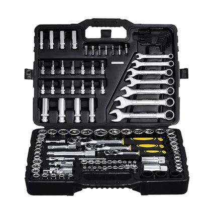 VEVOR 121-Piece Mechanics Tool Set - 1/4" 3/8" 1/2" Drive Sockets - SAE and Metric Mechanic Tool Kit with Bits - Ratchet Handle, Wrenches, Accessories, and Plastic Storage Case for Automotive Repair - size: 1/4"&3/8"&1/2", style: 121 PCS