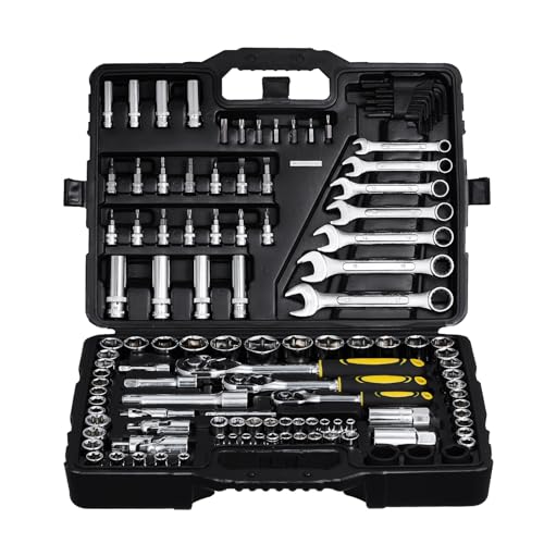 VEVOR 121-Piece Mechanics Tool Set - 1/4" 3/8" 1/2" Drive Sockets - SAE and Metric Mechanic Tool Kit with Bits - Ratchet Handle, Wrenches, Accessories, and Plastic Storage Case for Automotive Repair - size: 1/4"&3/8"&1/2", style: 121 PCS