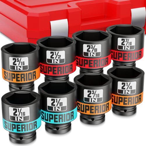8 Piece 3/4”Drive Shallow Impact Socket Set, 2-1/16”-2-1/2”Axle Nut Sockets, SAE, CR-MO, 6 Point, Tools for Removing Mechanical Nuts, Large Automotive Repairs, Agricultural implement - size: 3/4" SAE