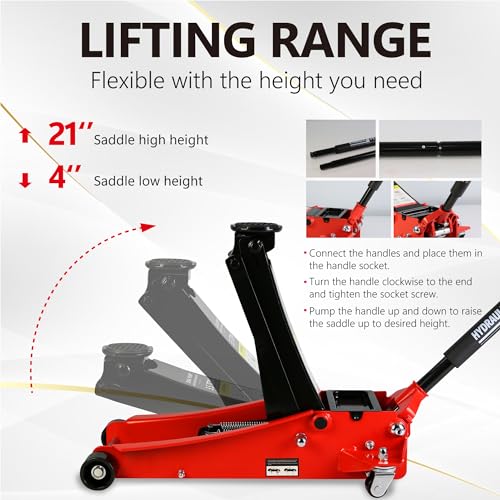3.5T Low Profile Steel Floor Jack, 7000 lb, Dual Pump, 4"-21" Lift, Red | Heavy-duty steel, dual-piston quick lift, low profile, 4"-21" range, overload safety protection. - size: 3.5T Dual Pump 4"-21"(Red)