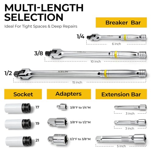 KELIN 12PCS Breaker Bar Set, 3/8", 1/2", 1/4" Drive Socket Wrench, 180°Rotatable Head, Heavy Duty Breaker Bars, Premium Chrome Alloy Made