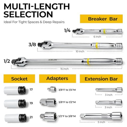 KELIN 12PCS Breaker Bar Set, 3/8", 1/2", 1/4" Drive Socket Wrench, 180°Rotatable Head, Heavy Duty Breaker Bars, Premium Chrome Alloy Made