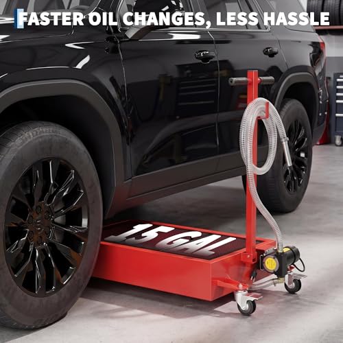 15 Gal Oil Drain Pan with 8ft Hose High-Flow Electric Pump | with Electric Pump, Wheels & Folding Handle, Oil Drain Tank for Cars, SUVs, Trucks, Buses, RVs - color: National Flag-Red, size: 15 Gal with Electric Pump