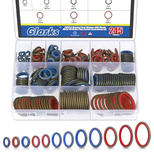 Glarks 245Pcs Sealing Gasket Kit NBR Metric Metal Oil Drain Plug Gasket Assortment Kit Bonded Seal Washer Combination Oil Sealing O-Ring Fit 12 Sizes M6 M8 M10 M12 M14 M16 M18 M20 M22 M24 M27 M30